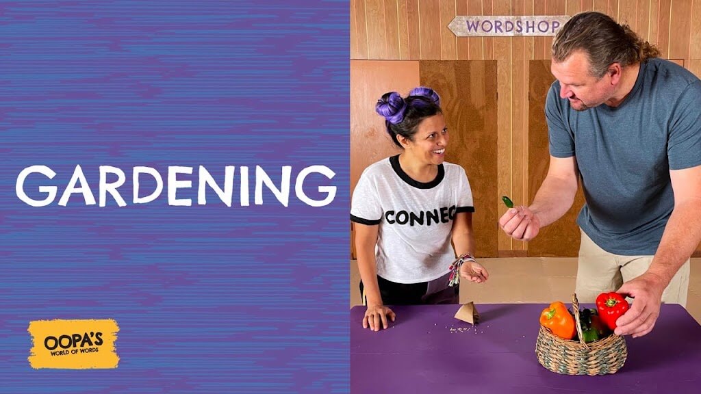GARDENING video title card. OOPA and her friend NoNo connect to the word GARDENING